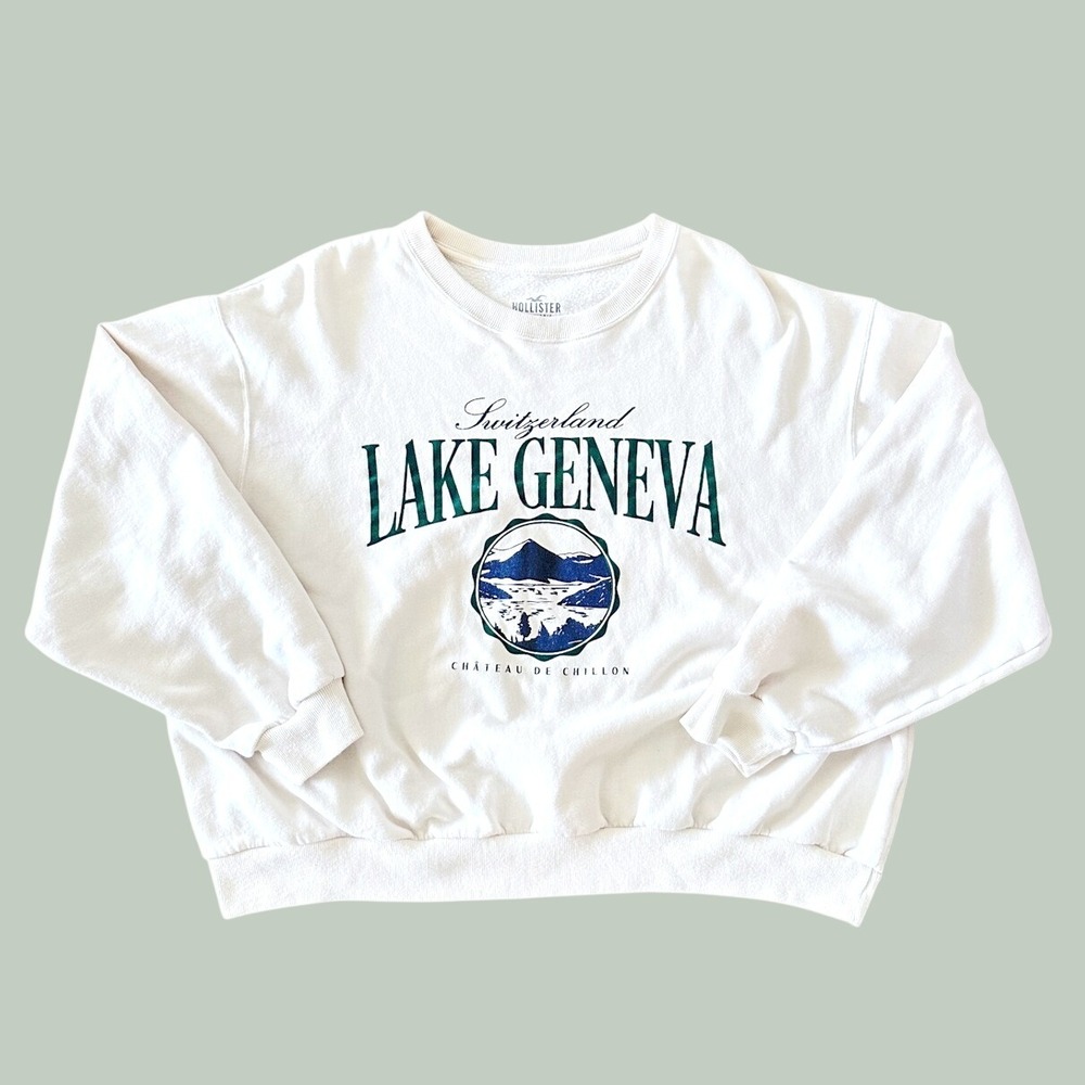 Hollister Lake Geneva Switzerland Graphic Sweatshirt Cream SZ Large Relaxed Fit